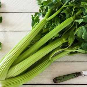 bunch of celery on the table, a stalk of celery