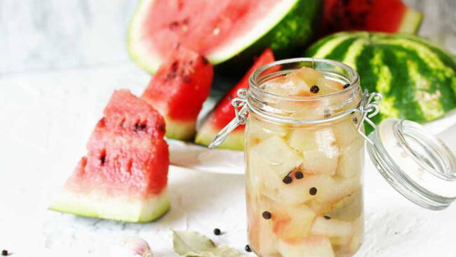  Pickled Watermelon Rind. marinated watermelon. recipes from watermelon. concept of nutrition without waste. conservation and stocks for the winter. american kitchen. 