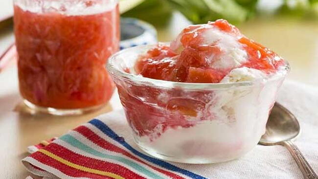 fresh rhubarb sauce over vanilla ice cream in a bowl
