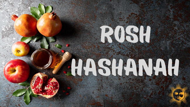 Rosh hashanah (Jewish New Year holiday), Concept of traditional or religion symbols on dark stone background with text