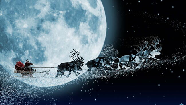 Santa Claus get a move to ride on their reindeer. Magic Santa's sleigh flying over Christmas fairy forest on the background of huge full moon.  santa's reindeer are females with antlers
