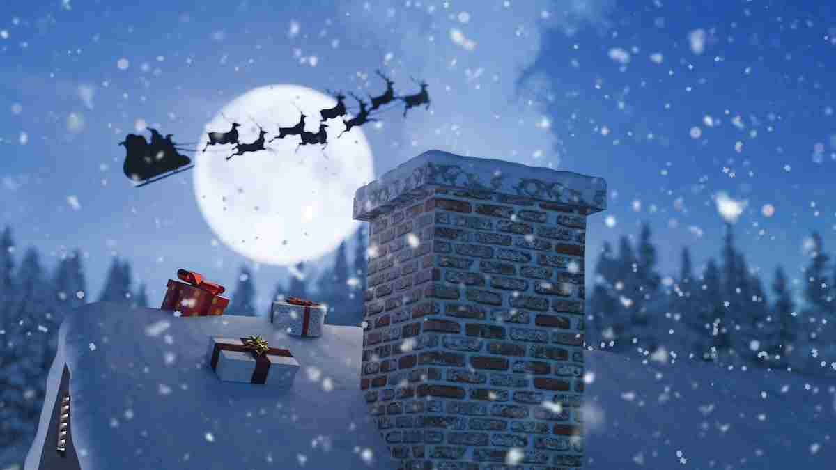 Illustration of Santa Claus and his sleigh silhouetted as they fly across a bright December Full Moon.