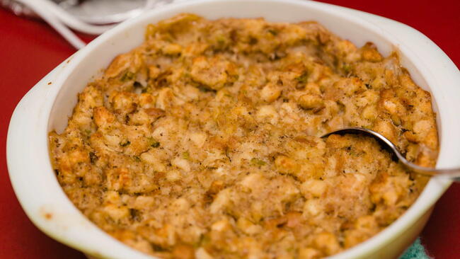 bread dressing casserole is ready for a holiday meal