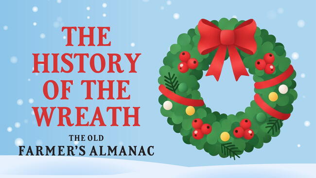 the history of the wreath, green holiday wreath on a snowy background