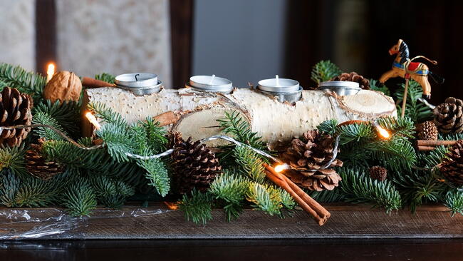 birch yule log on a table decorated with fir branches and candles
