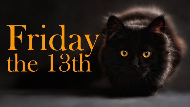 "Friday the 13th" in orange letters, next to a black cat with orange eyes