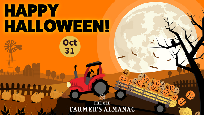 Happy Halloween Illustration, tractor and full moon 